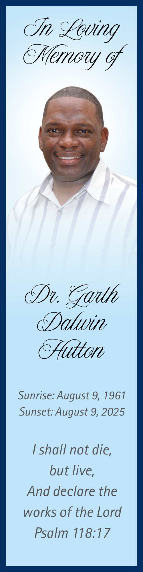 Prayer Card Front - Dr. Garth Dalwin Hutton